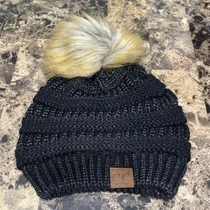 C.C black beanie with fur Pom